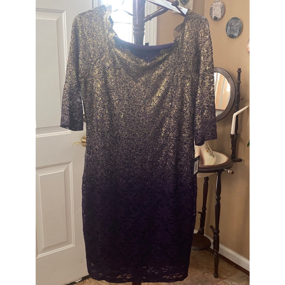 MARINA GOLD & PURPLE LACE DRESS SIZE  14 - Picture 1 of 8